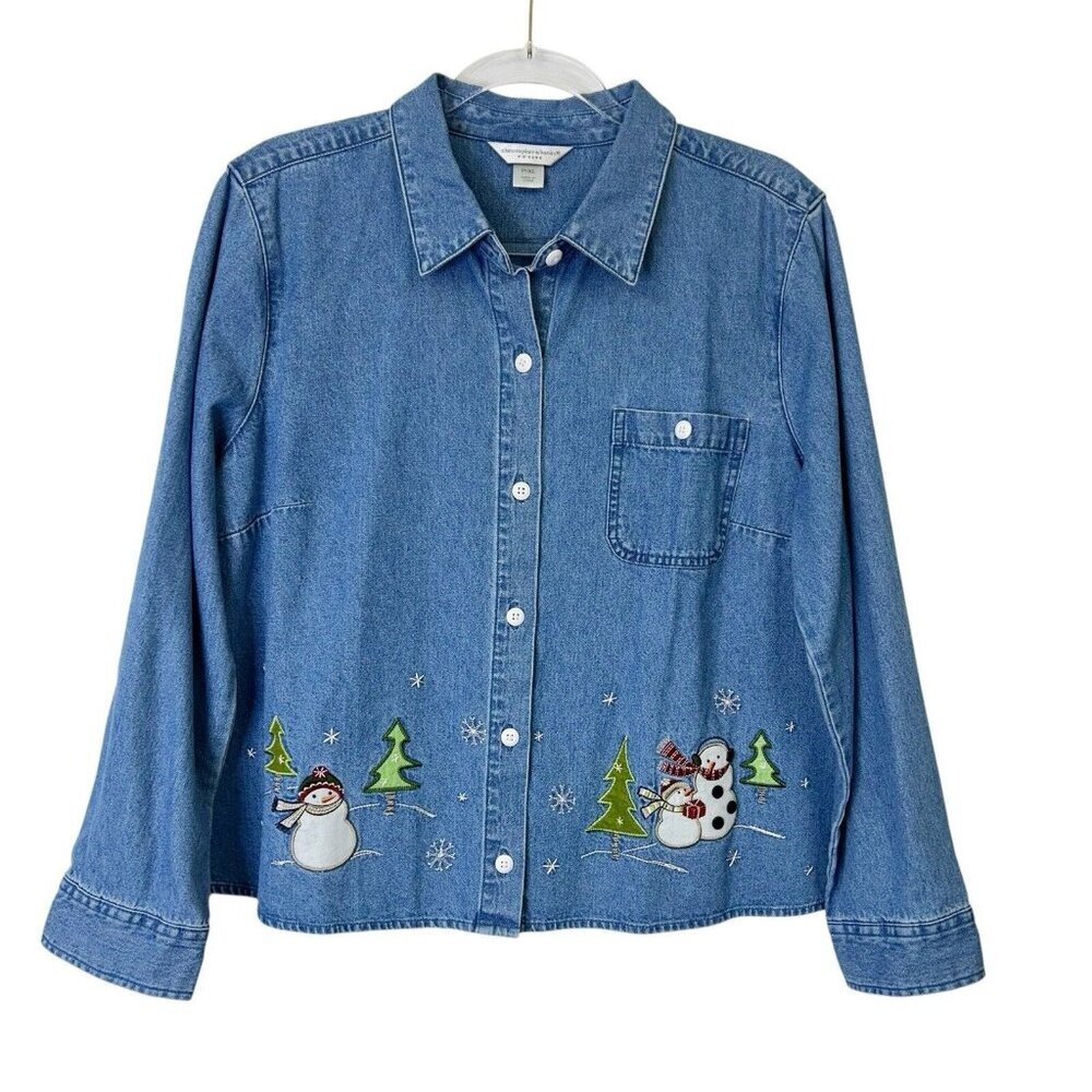 Christopher Banks Snowman Christmas Button‎ Up Denim Shirt Womens Size XL Petite